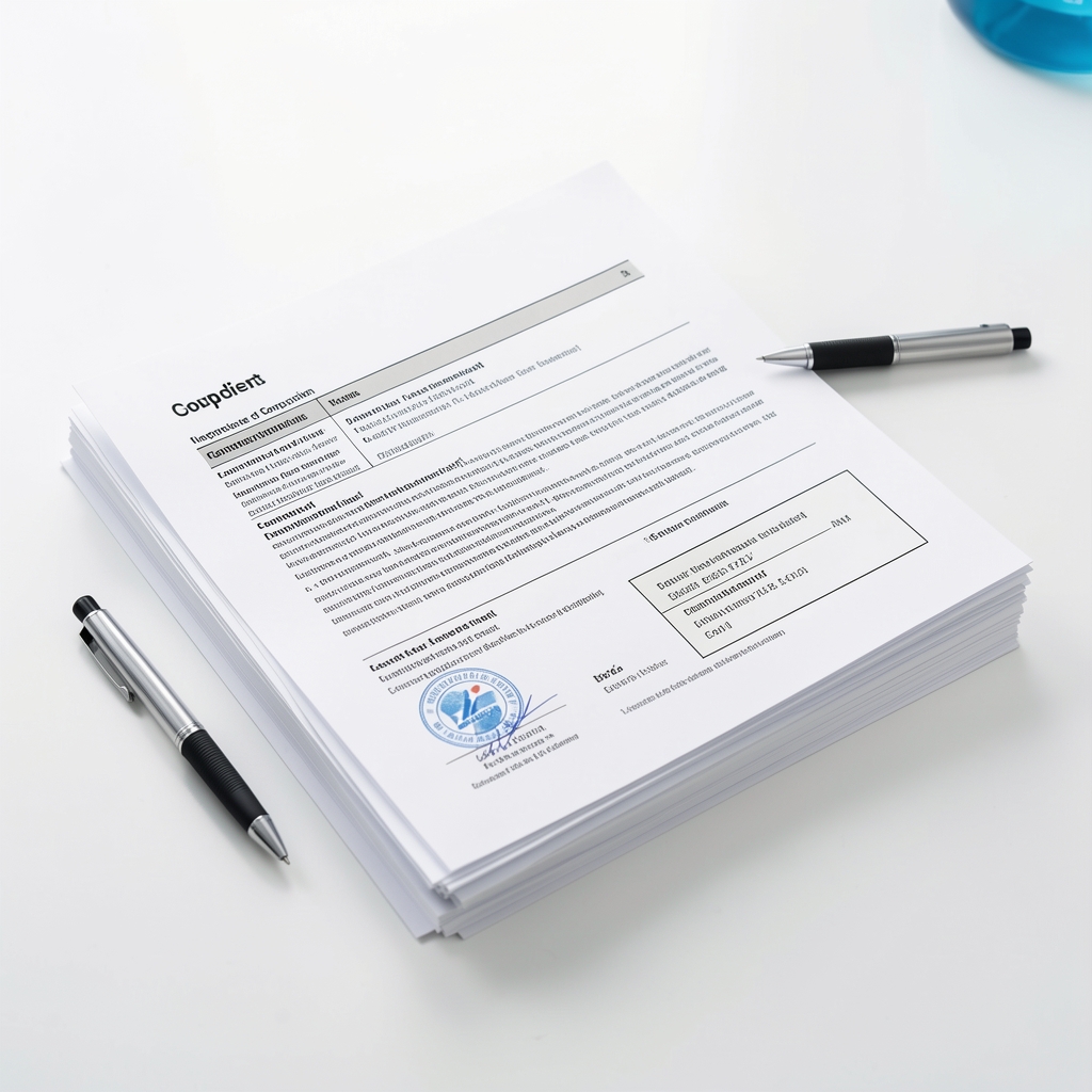 Stack of ingredient sourcing documents and certificates of composition on a clean white surface under bright laboratory lighting, annotated in pen