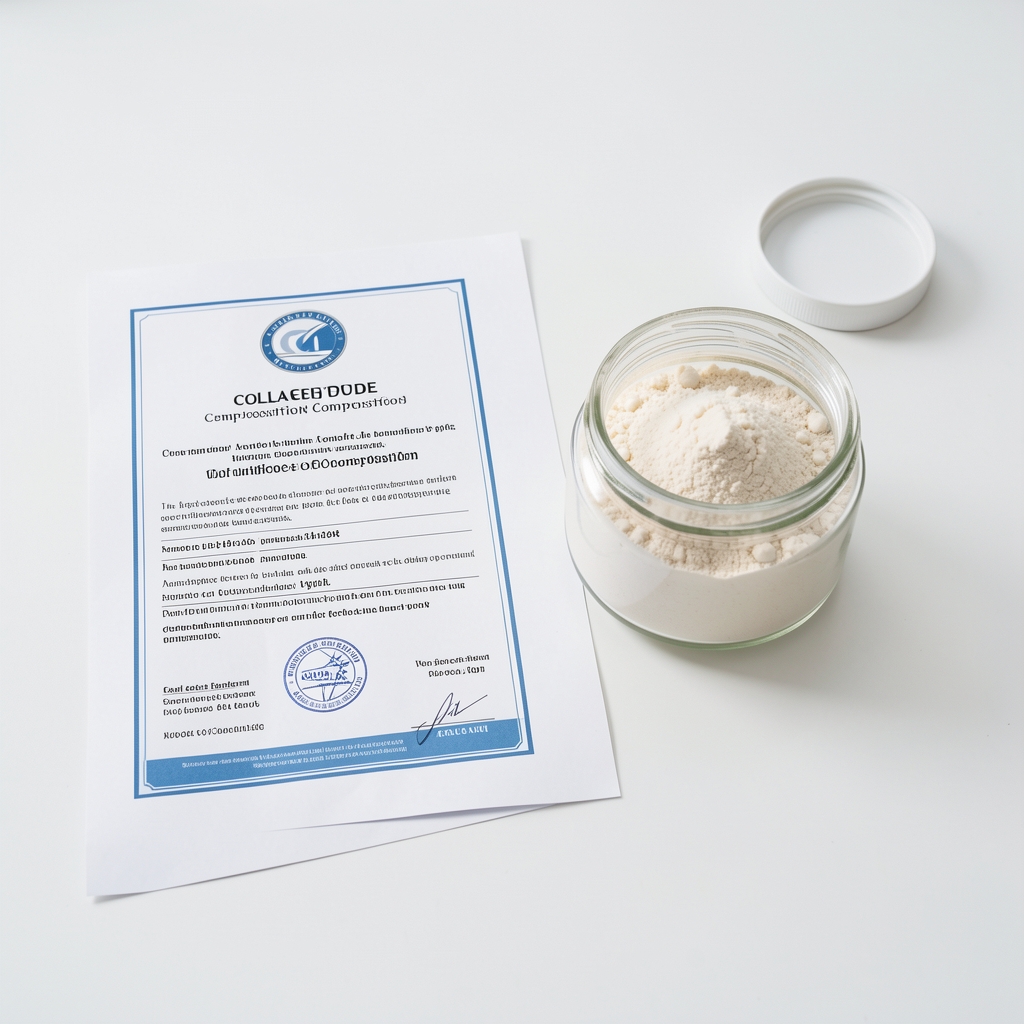 Collagen powder in a small glass container beside its certificate of composition document on a white laboratory surface with even overhead lighting