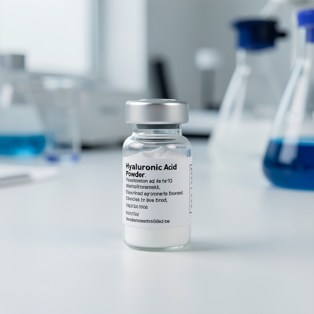 Hyaluronic acid powder in a small sealed vial placed on a laboratory bench, ingredient label visible, in a clean workspace with controlled lighting