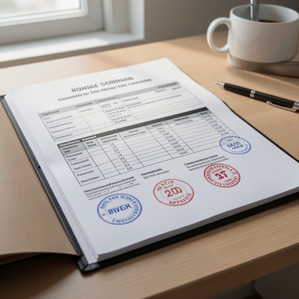 Quality-control documentation folder open on a desk showing ingredient analysis sheets and batch approval stamps for a skincare formula review