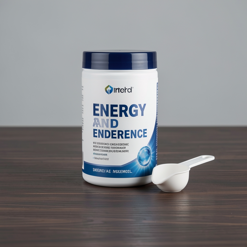 Energy and endurance supplement canister with a scoop beside it on a dark wooden surface, photographed under controlled lighting