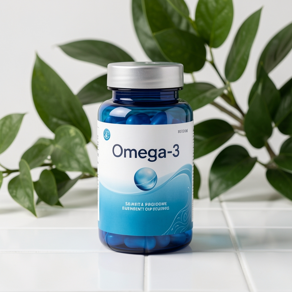 Omega-3 supplement bottle with an ocean blue tint, placed on a white tile surface with botanical leaves as backdrop under clean studio lighting