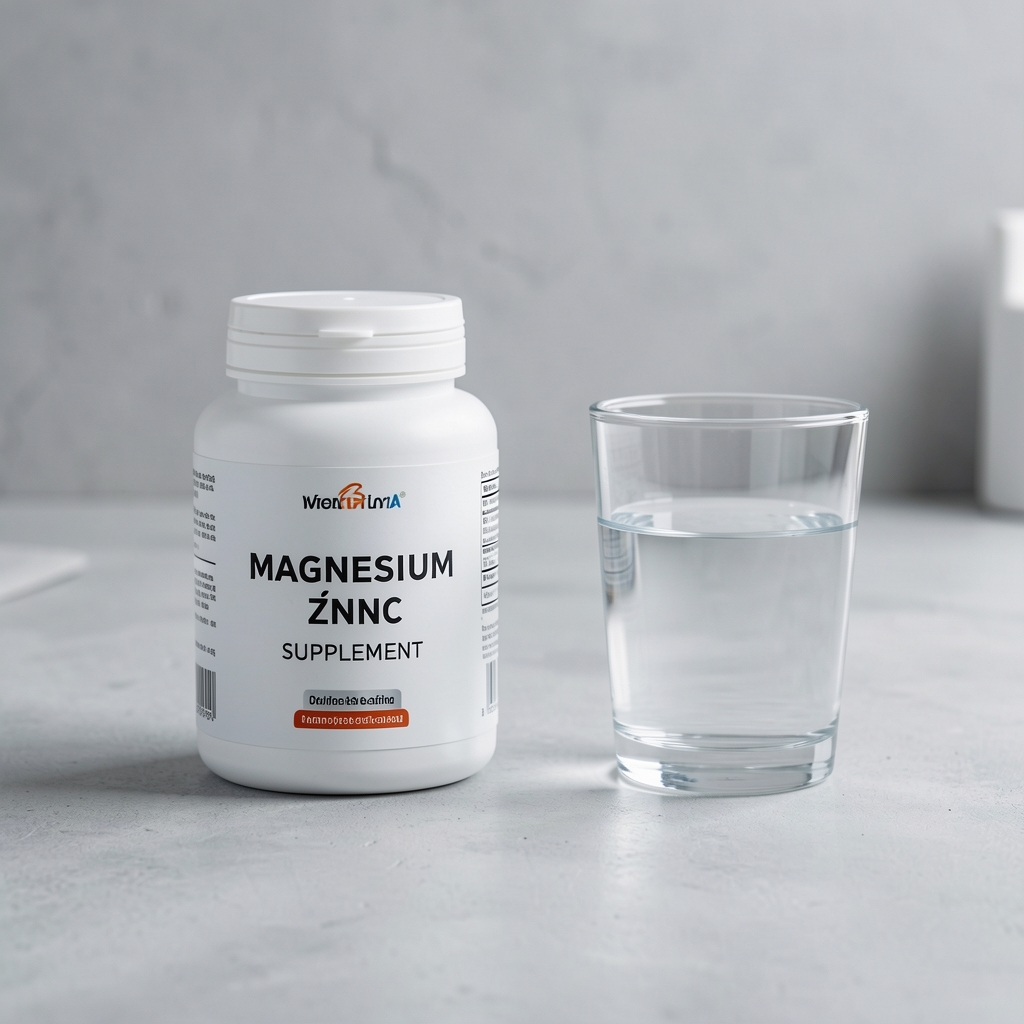 Magnesium and zinc supplement container on a pale grey concrete surface beside a glass of water, photographed in a clean workspace with overhead light