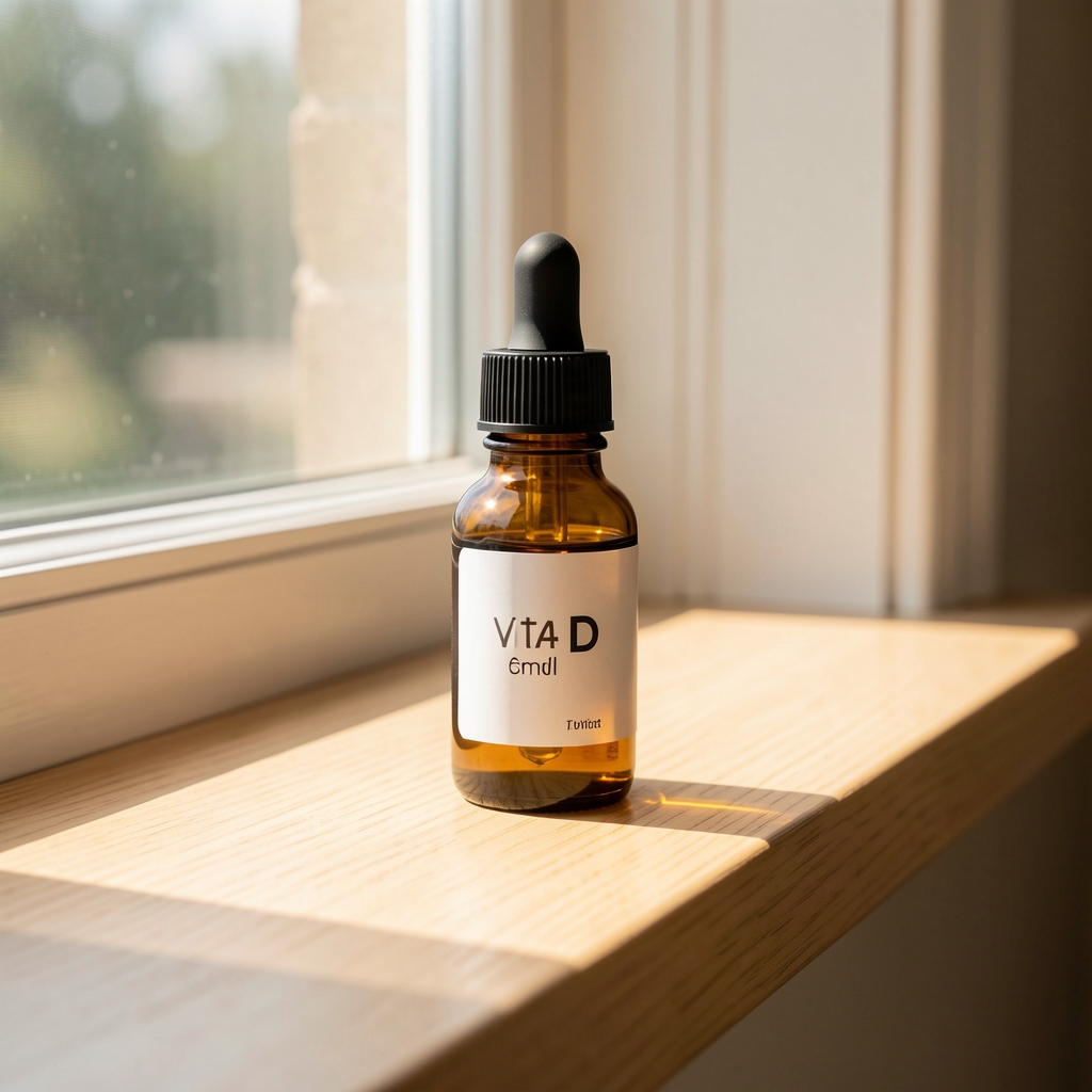 Small amber vitamin D supplement dropper bottle placed in a beam of natural sunlight on a light wooden windowsill