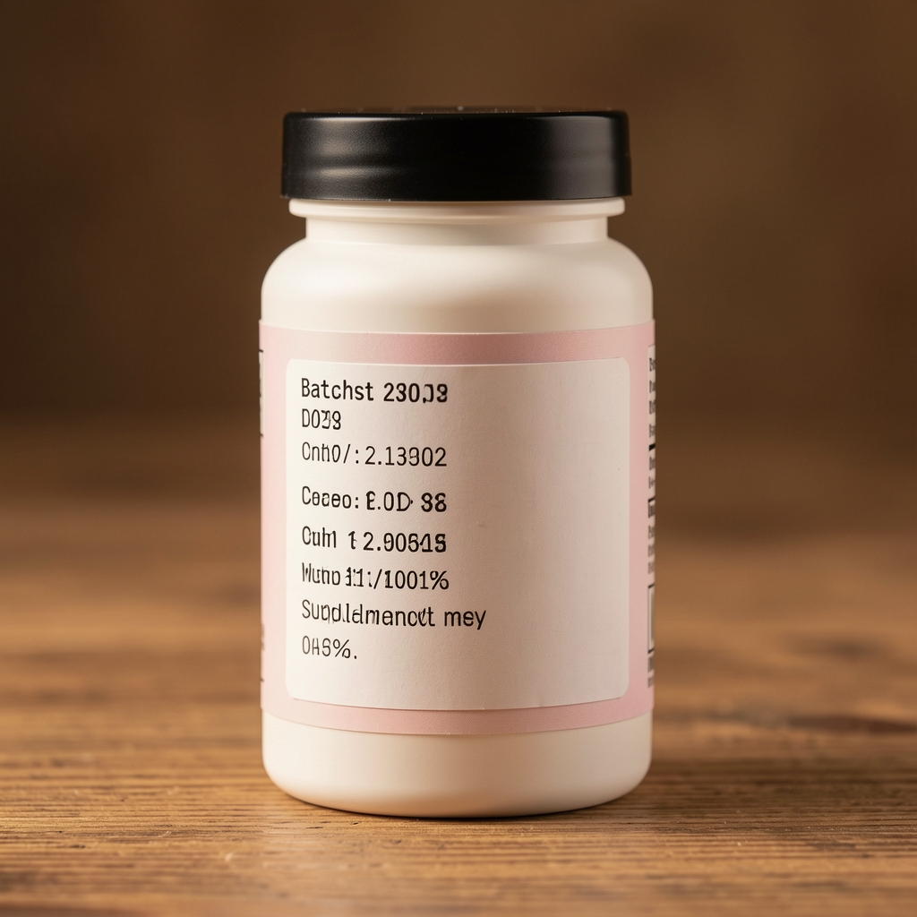 Close-up of supplement capsule container with batch code label on a wooden surface under warm studio lighting