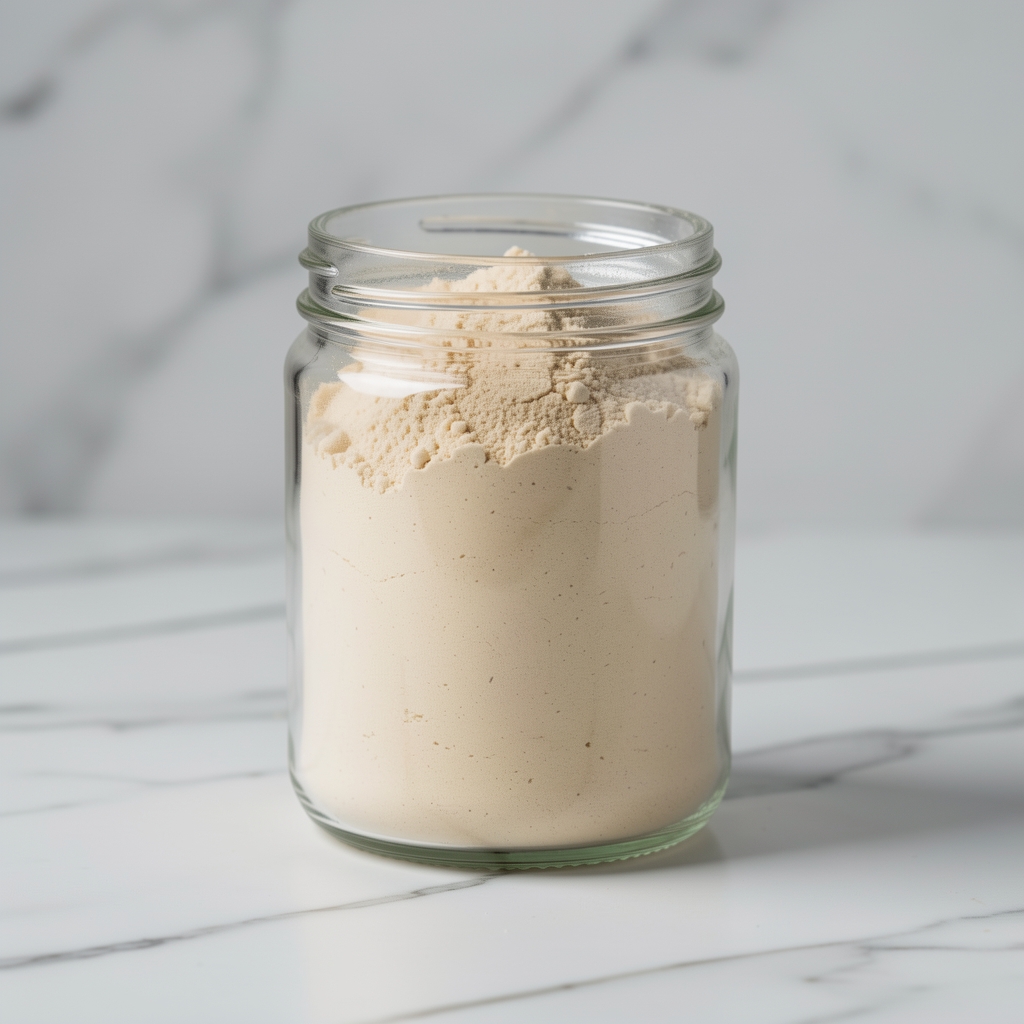 Energy and endurance supplement powder in a clean glass jar on a marble surface, photographed with controlled studio lighting