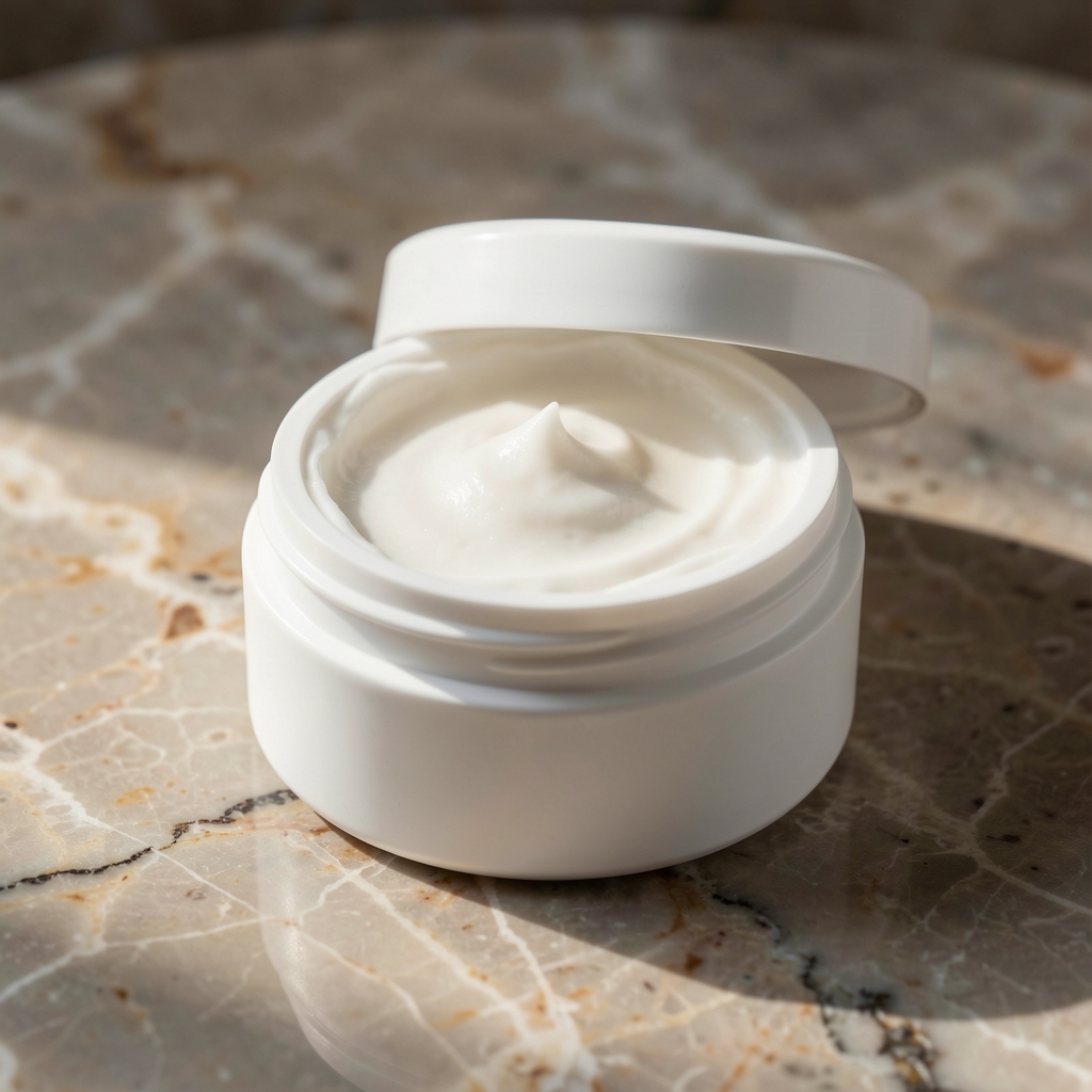 Open lid of a white anti-aging face cream jar for men showing dense cream texture, placed on polished stone in controlled lighting