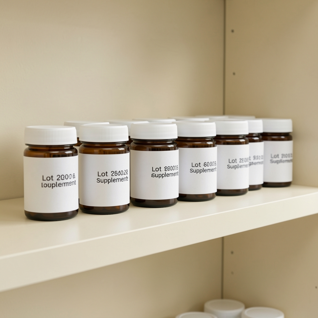 Supplement sample jars arranged in a row on a pale cream shelf, labelled with lot codes, in a clean workspace under soft diffused light
