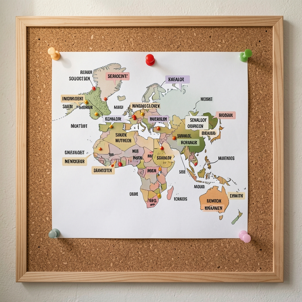 Ingredient sourcing map pinned to a cork board showing regional origin markers for key nutrients in the Senalor range
