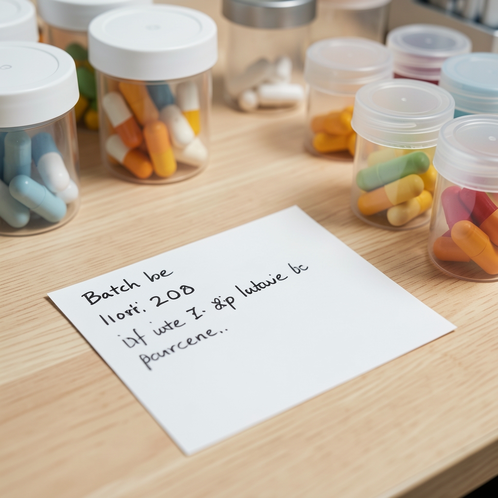 Close-up of handwritten batch notation cards laid on a light wooden surface next to capsule containers in a quality-control environment